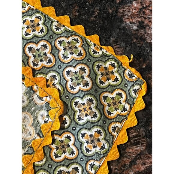 Vintage Half Apron With Pocket & Yellow Trim Green & Orange Floral Design Cotton - Picture 5 of 8